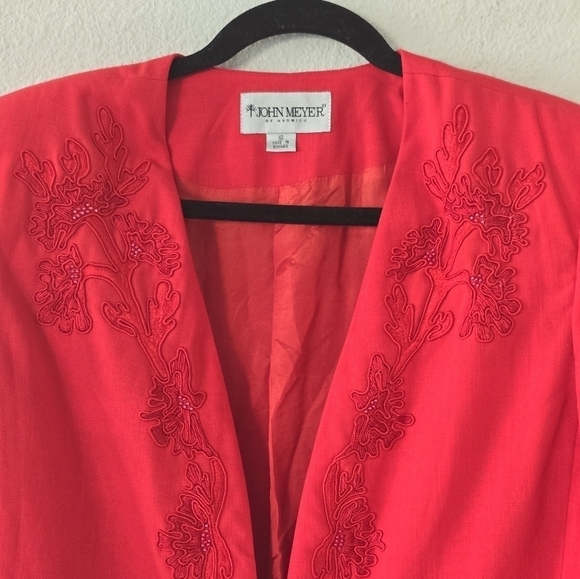 John Meyer Jacket Women Sz 10 Pink Long Sleeve One Button Embroidered Collarless - Picture 3 of 15